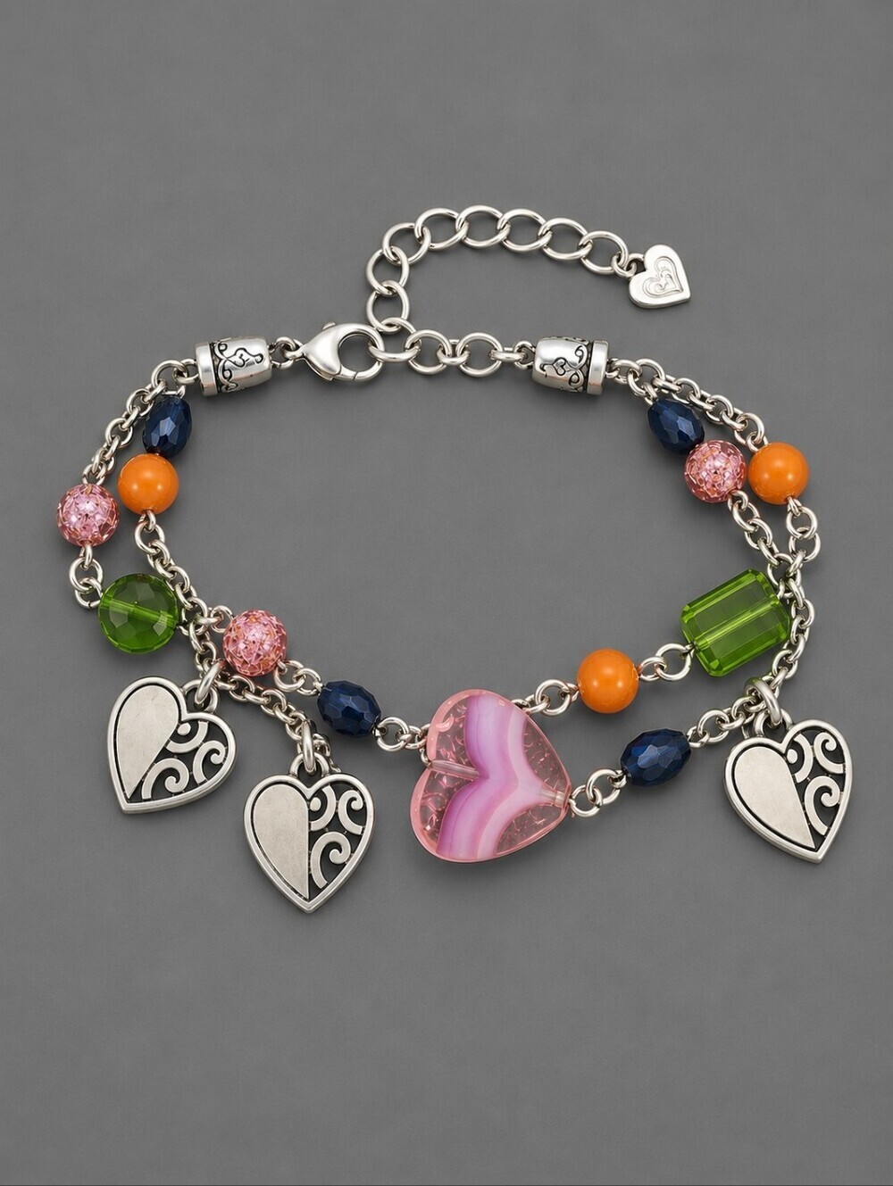 BRIGHTON Deco Bright Glass Beaded Heart Charm Double Chain Bracelet